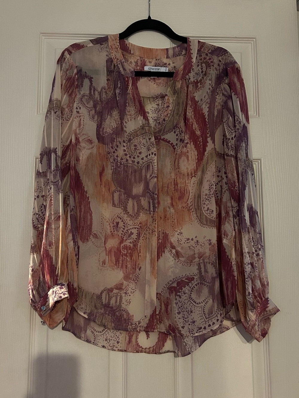 Chico's Sheer Paisley Button-Front Blouse - Pink, Gold, Purple